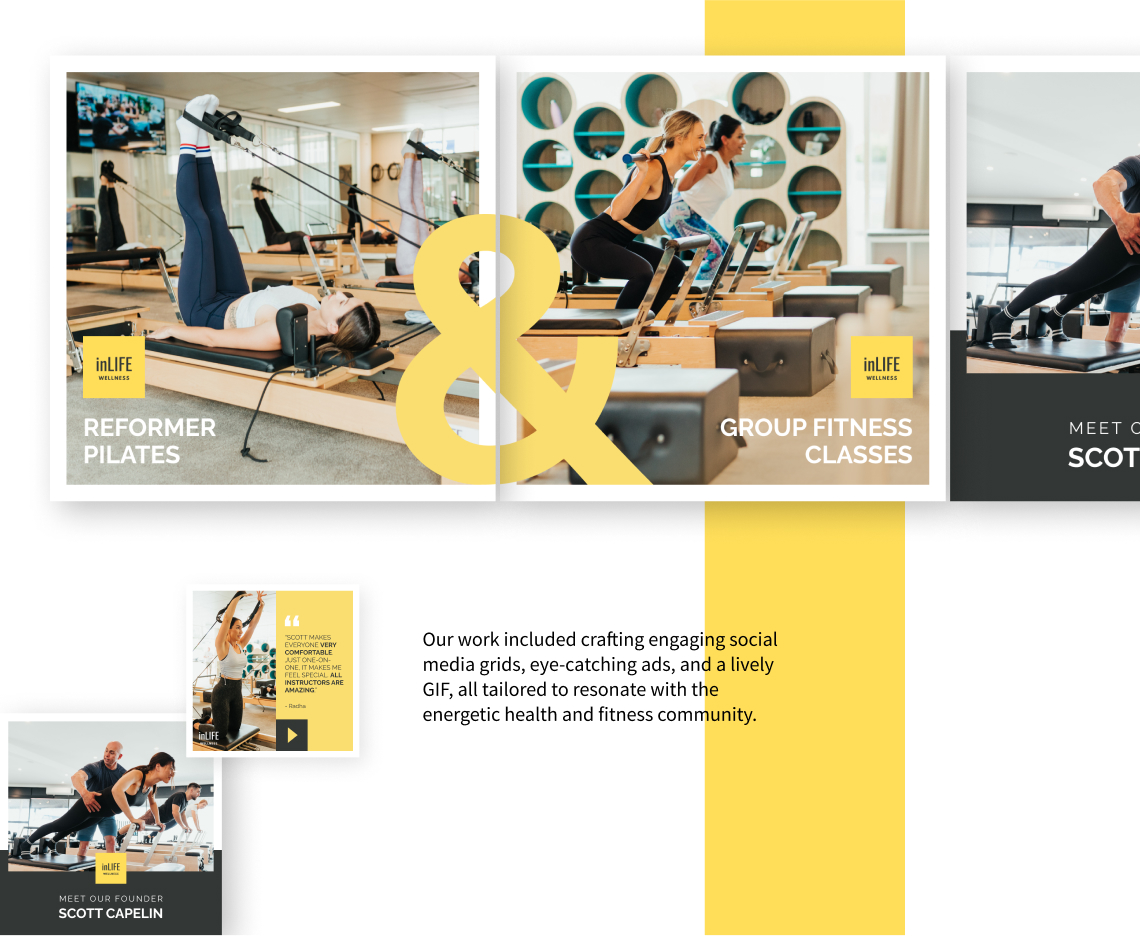 In this recent project, we created easy-to-use Instagram templates and infused  warm colors into the designs to make them feel healthy and happy. Our work included crafting engaging social media grids, eye-catching ads, and a lively GIF, all tailored to resonate with the energetic health and fitness community.