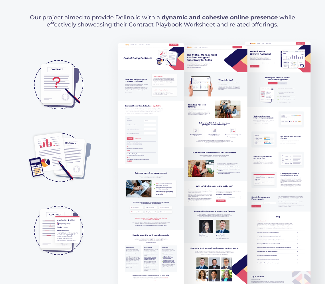 Our project aimed to provide Delino.io with a dynamic and cohesive online presence while effectively showcasing their Contract Playbook Worksheet and related offerings.