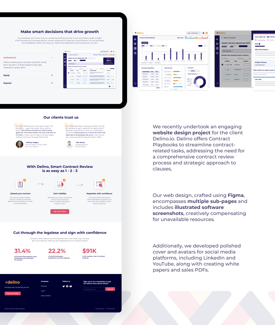 Our project aimed to provide Delino.io with a dynamic and cohesive online presence while effectively showcasing their Contract Playbook Worksheet and related offerings.