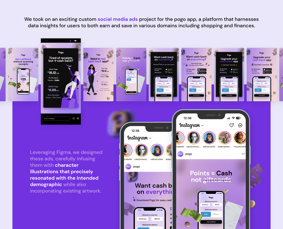 We took on an exciting custom social media ads project for the Pogo app, a platform that harnesses data insights for users to both earn and save in various domains including shopping and finances.