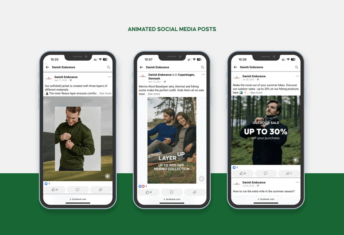 We had a pleasure working closely with a Danish e-commerce client for two years, specializing in sports apparel for various activities. Our collaboration was pivotal in shaping their marketing efforts, where we played a key role in crafting impactful MP4 videos for organic social media posts and attention-grabbing GIFs for paid advertising campaigns.
These social media posts were thoughtfully aligned with other marketing materials such as newsletters and web banners, ensuring a cohesive and compelling brand presence across diverse platforms.