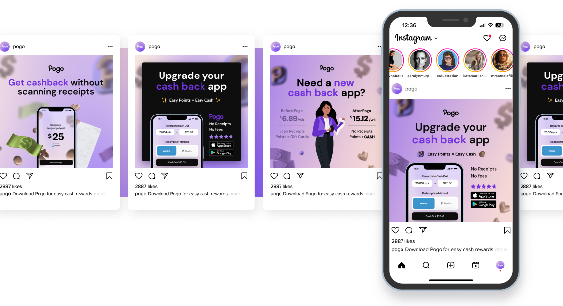 We took on an exciting custom social media ads project for the Pogo app, a platform that harnesses data insights for users to both earn and save in various domains including shopping and finances.