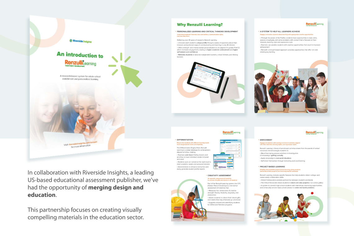 Our ongoing partnership with Riverside Insights, a US-based educational assessment publisher, has allowed us to merge design and education, resulting in visually compelling educational materials, including one-pagers and reports teeming with data, making intricate ideas more approachable for educators.