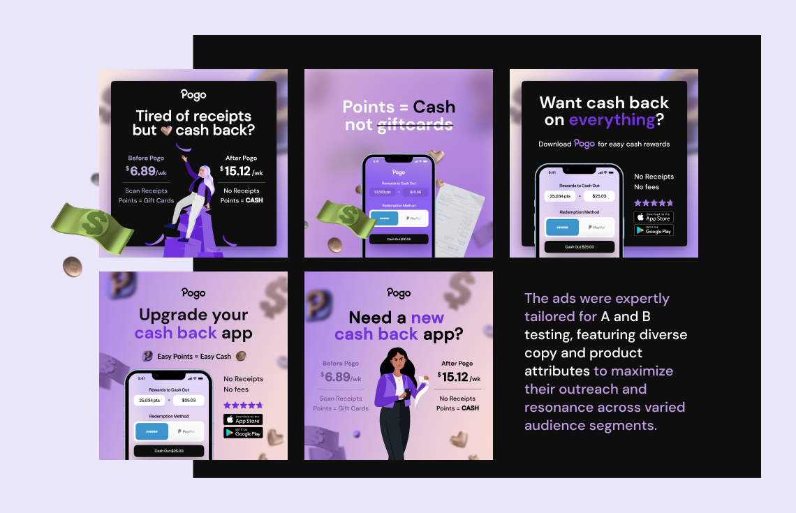 We took on an exciting custom social media ads project for the Pogo app, a platform that harnesses data insights for users to both earn and save in various domains including shopping and finances.