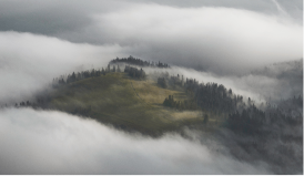 A small greenish brown hill with tufts of trees breaks through a blanket of cloud. 