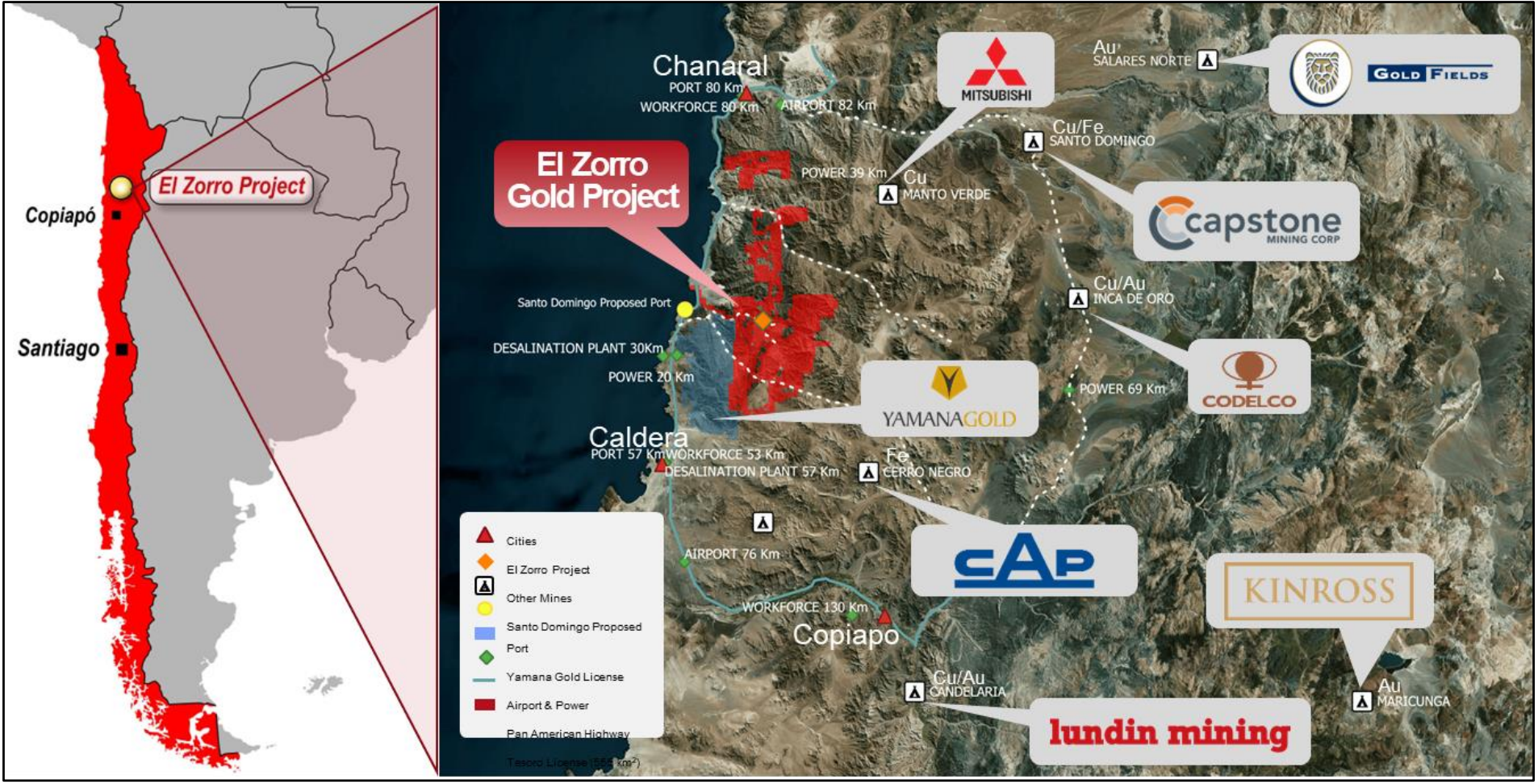 (Source: Tesoro Gold) A map details the location of the El Zorro project relative to other nearby assets 