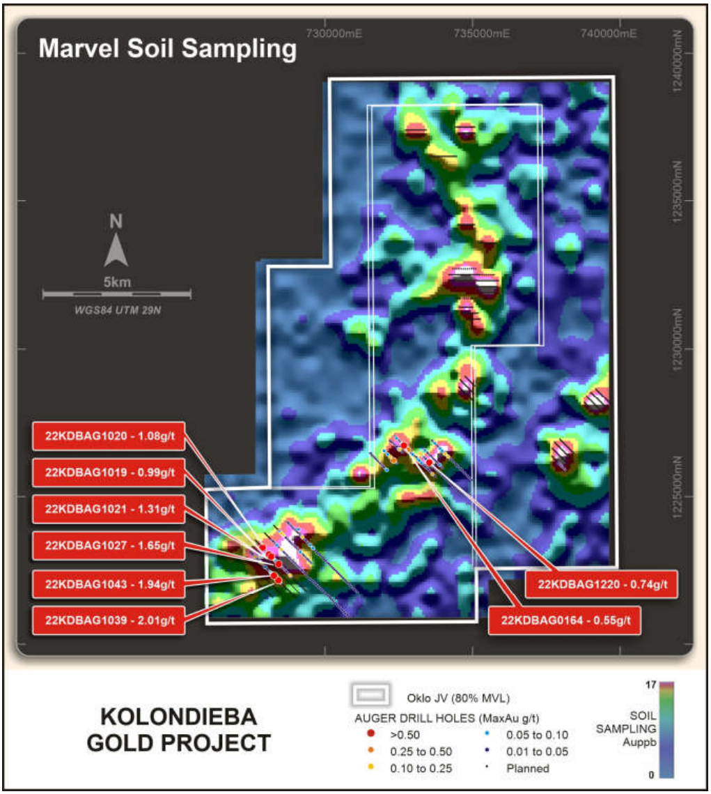 A map detailing the locations of Marvel Gold's ongoing geochem soil tests 