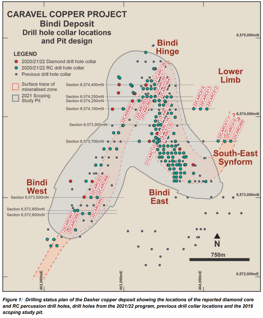 A map detailing Caravel Minerals' project targeting the Bindi Deposit 