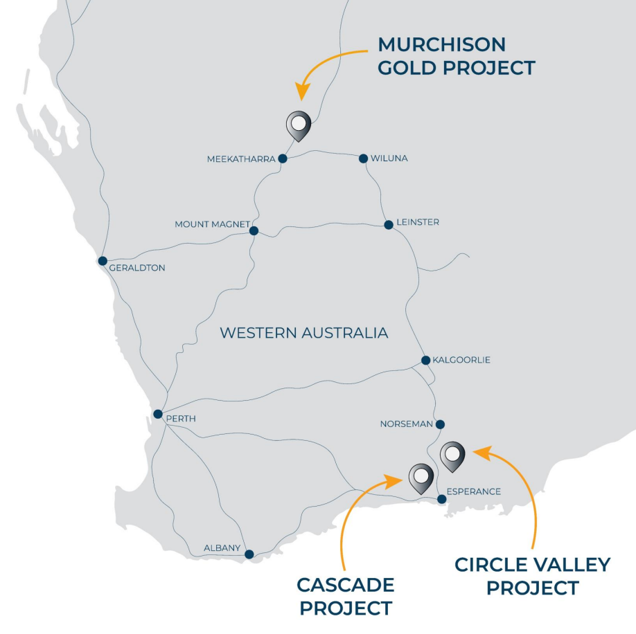 A map locating Meeka's Murchison project in relation to its southern battery metals projects 