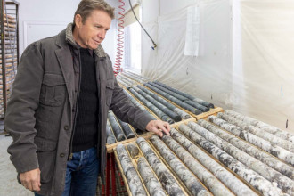  Sayona’s Managing Director Brett Lynch inspects drill samples at the Moblan Lithium Project  coreshack 