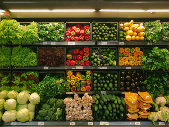 An array of vegetable stored in rectangular receptacles freshly stocked and on display in an unknown supermarket in an unknown location