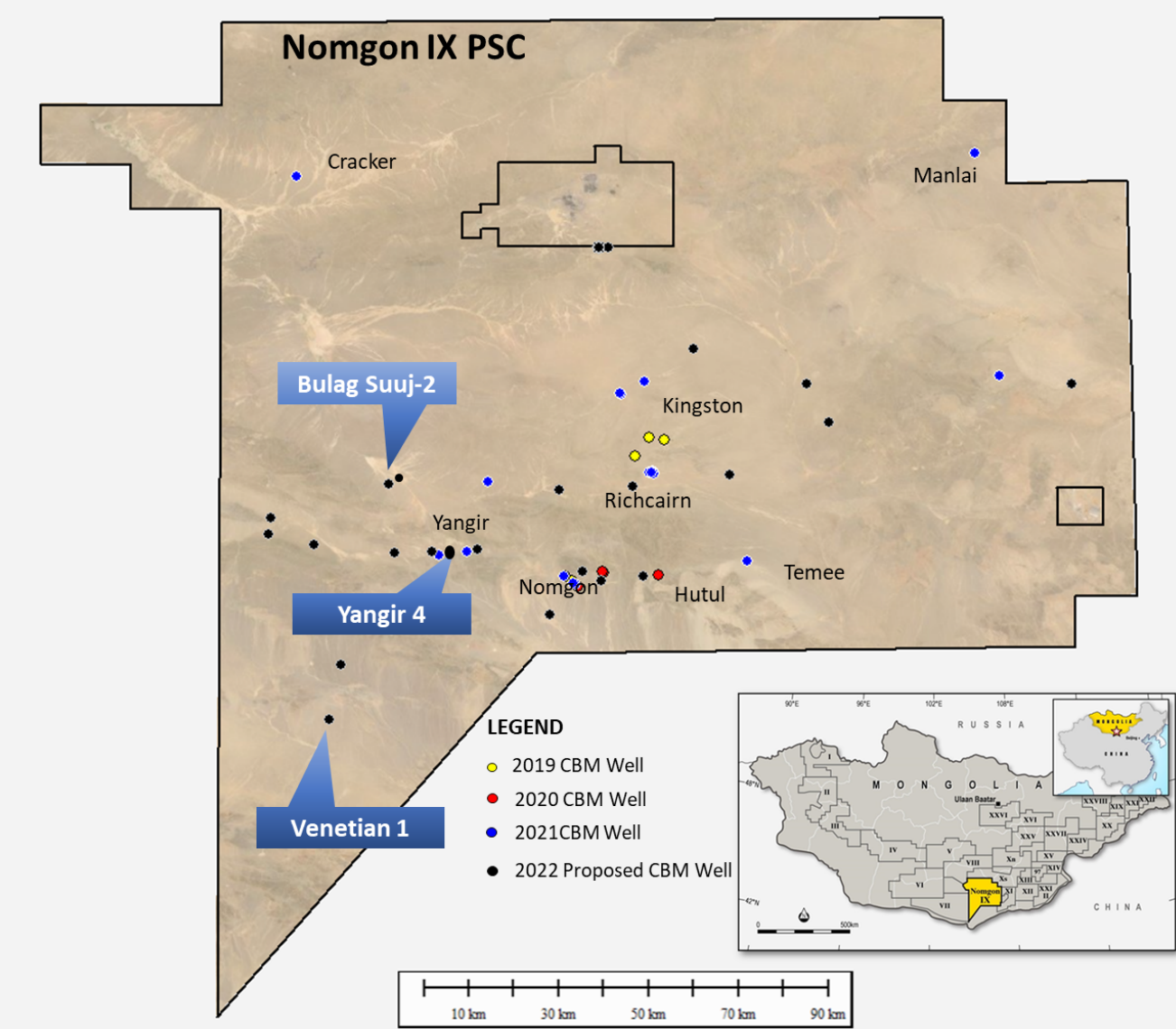 A map locating drillhole locations within the Nomgon IX project acreage in the southern Gobi of Mongolia