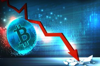 A digital render depicting a singular bitcoin token placed underneath a downtrending red arrow, in the background, a blue futuristic theme 