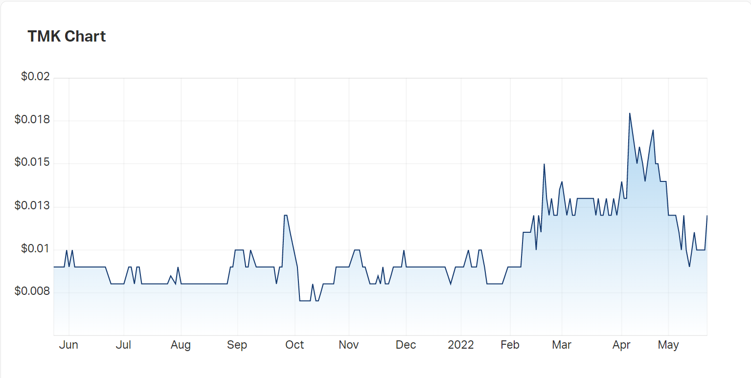 TMK Energy's 1Y chart reflects gradual progress in price growth; shares are up 20% today as smallcap gets a boost 