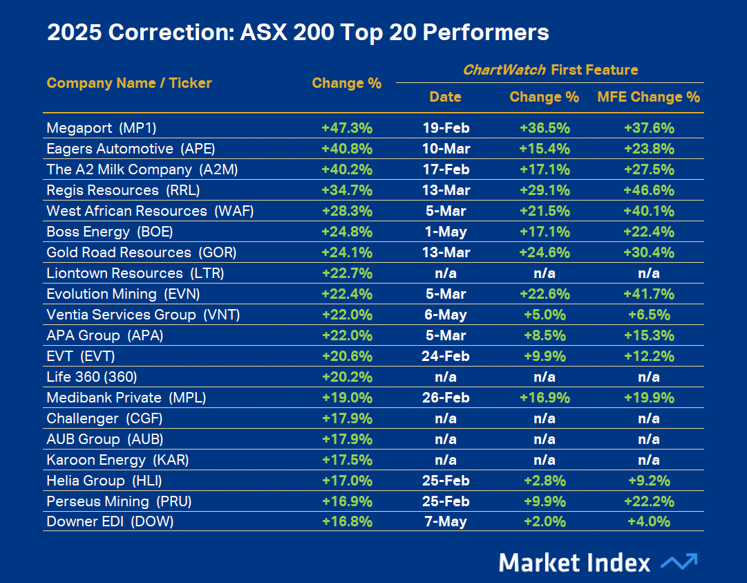 2025 Correction - ASX 200 Top 20 Performers