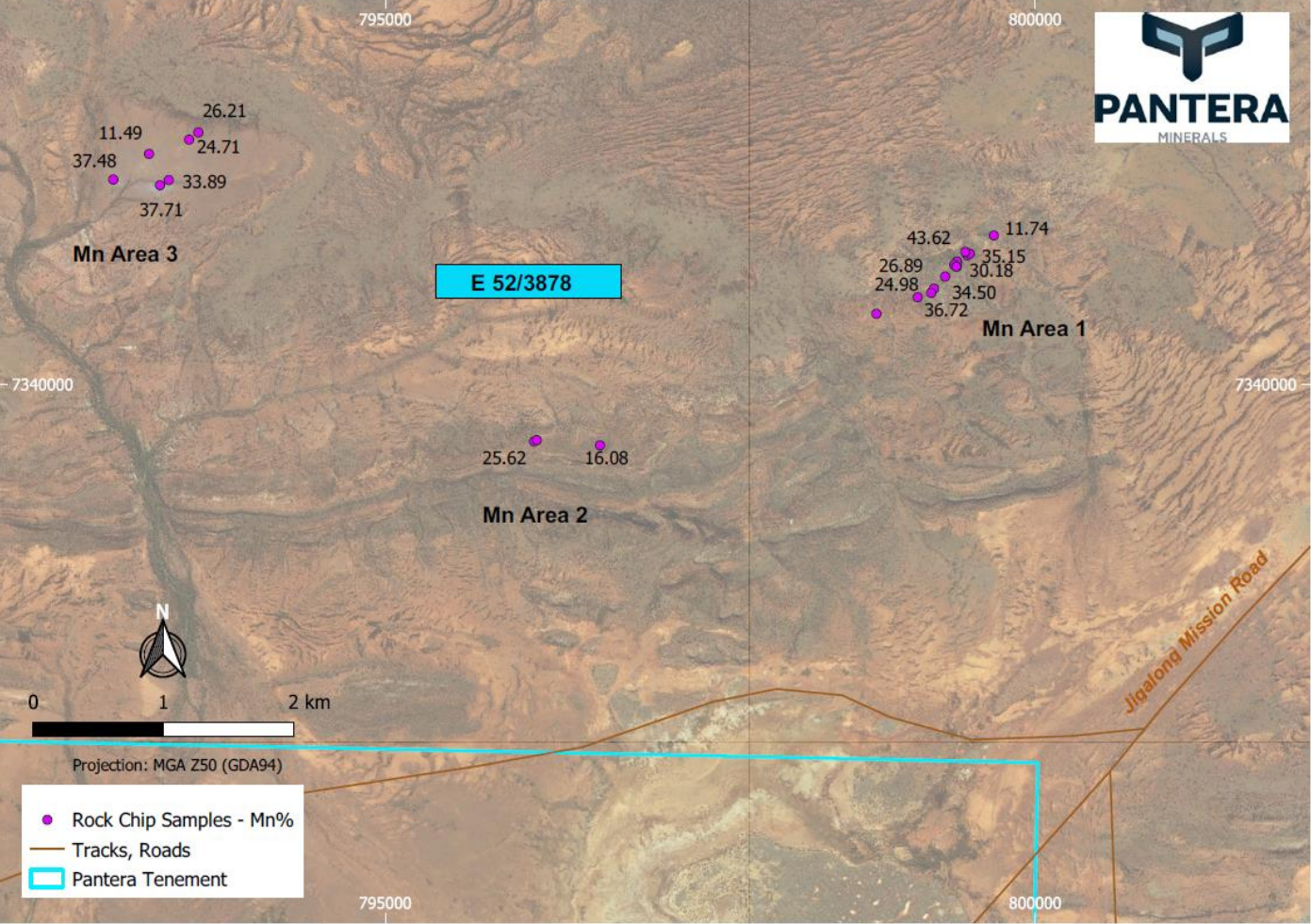 Map detailing the location of Pantera's three Manganese Areas (E52/3878)