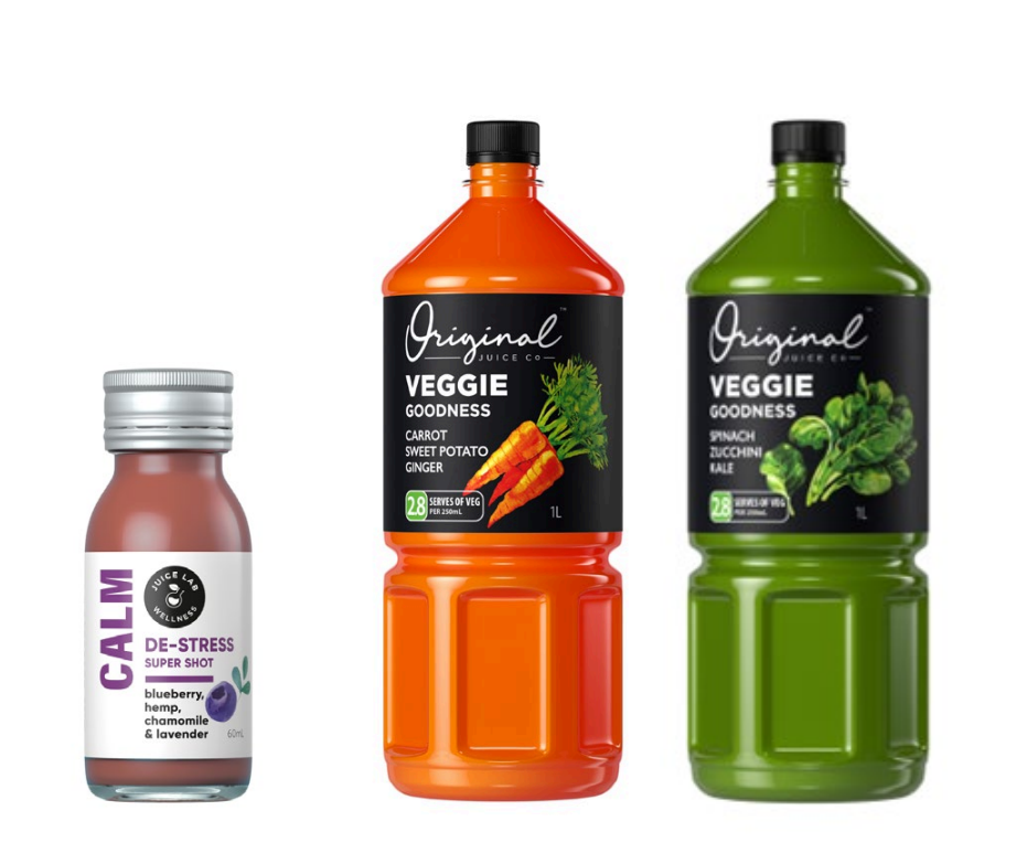 A look at the Juice Lab de-stress juice shot, and, the Original Juice Company's upcoming Veggie Goodness range