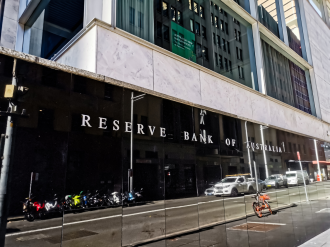 RBA - Reserve Bank of Australia name on black granite wall in Sydney Australia
