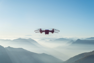 A drone flies at a high altitude 