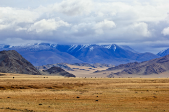 A scenic photograph of a vast field in Mongolia's interior with clouds hanging over distant mountains 