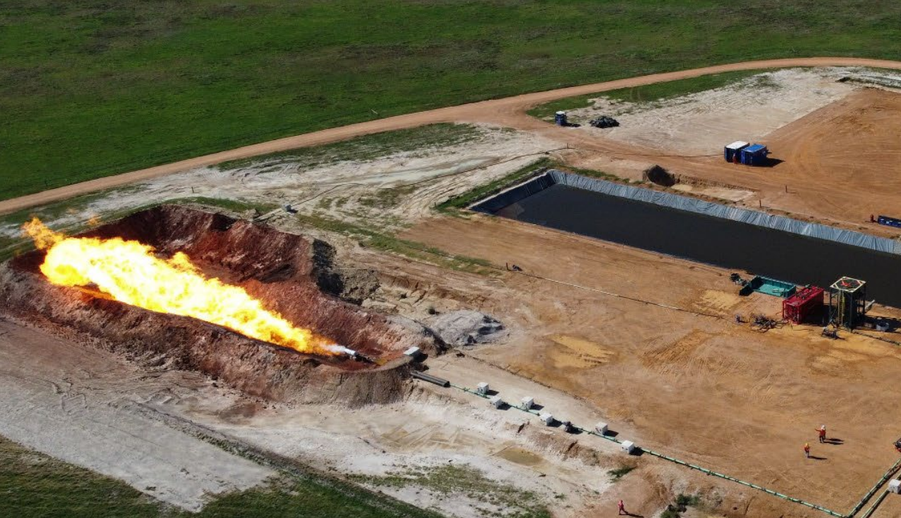 An aerial image of the Walyering field during a flare test indicates the scale of gas flows coming up from underground