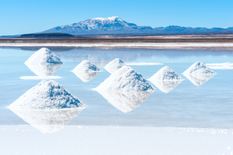 A snapshot of a brine lake containing lithium where material has been mounded into small humps on the surface of a brine system