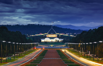A wide angle shot of Parliament House, Canberra, at dusk 