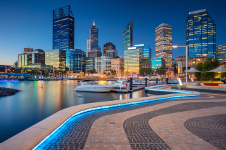 Cityscape image of Perth downtown skyline, Australia during sunset