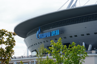 A snapshot of the Gazprom Arena, located on Krestovsky Island, Russia