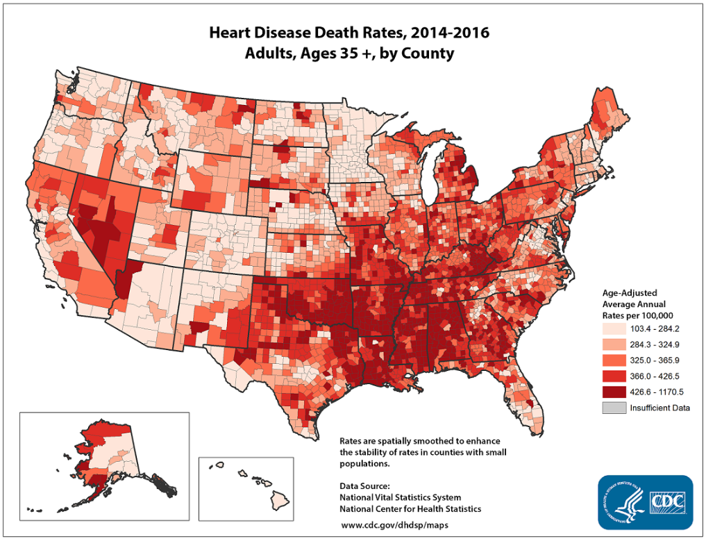 (Source: CDC) graphic showing the prevalence of US heart conditions as a regional breakdown 
