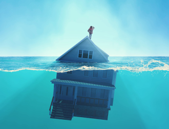 A digital render depicting an entire house detached from its moorings and floating in the ocean as a resident stands atop the roof with their back to the viewer gazing out over the horizon 