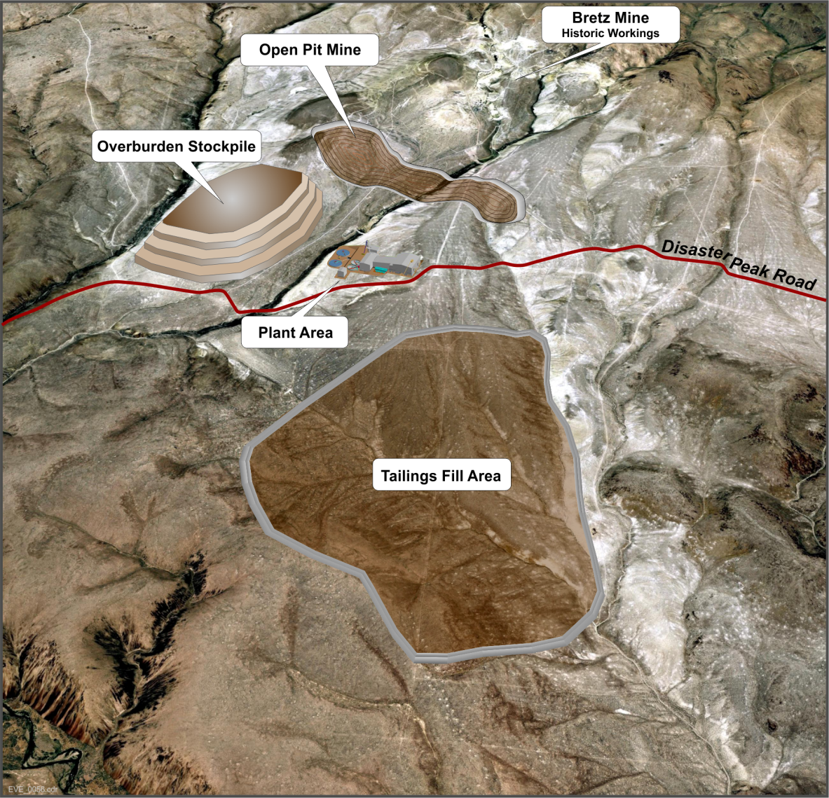 A rendered map showing a historical conceptual uranium mine layout