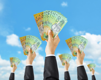An image depicting several raised hands holding wads of cash under a blue sky 