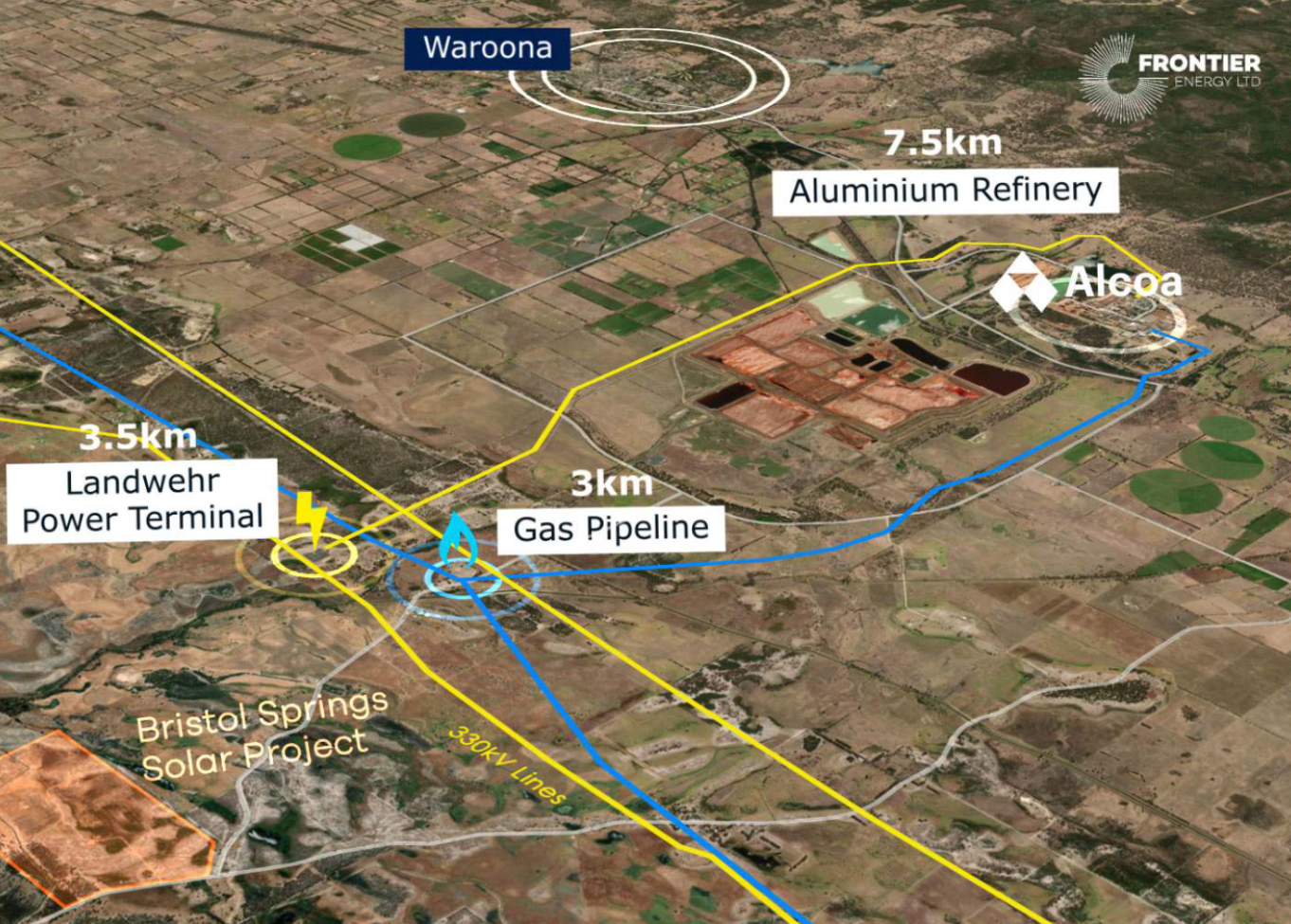 (Source: Frontier Energy) A satellite overview of the Bristol Solar Farm's proximity to existing industrial proponents; infrastructure 