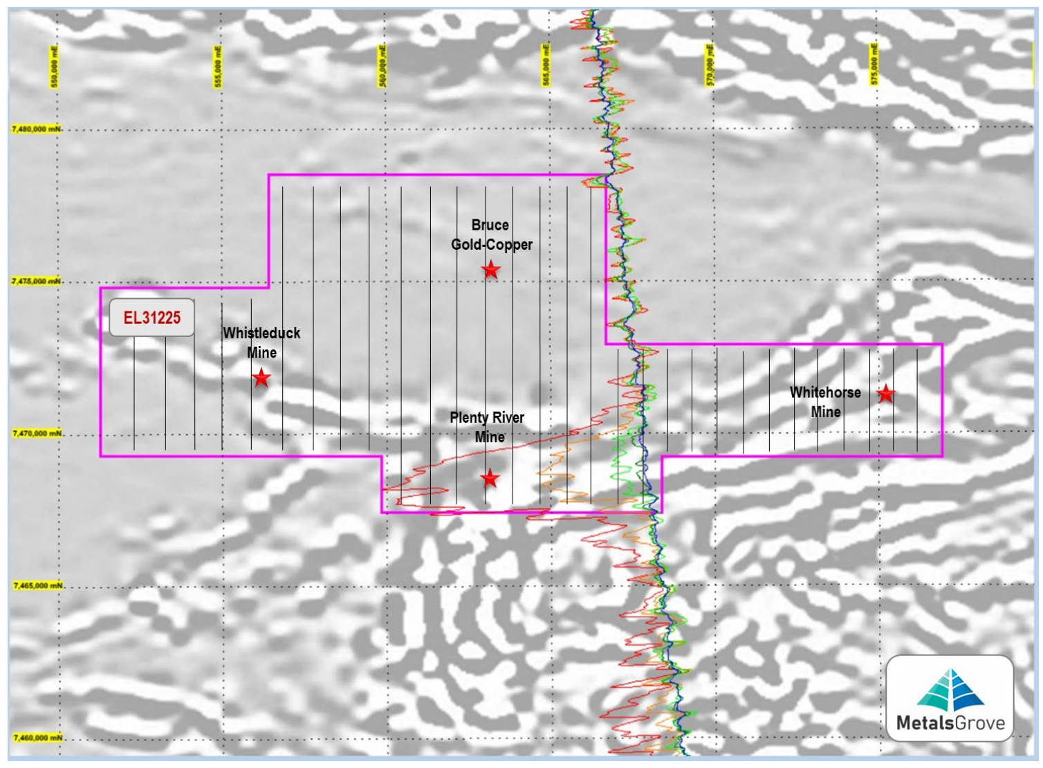 Existing survey data interpreted into a visual image from existing magnetic information at Arunta. The red like that extends beneath the  historical Plenty River mine is what MGA has its eye on; the target is believed to be lithium pegmatite. 