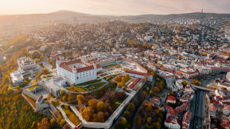 Bratislava, the capital of Slovakia, pictured at sundown by an aerial drone