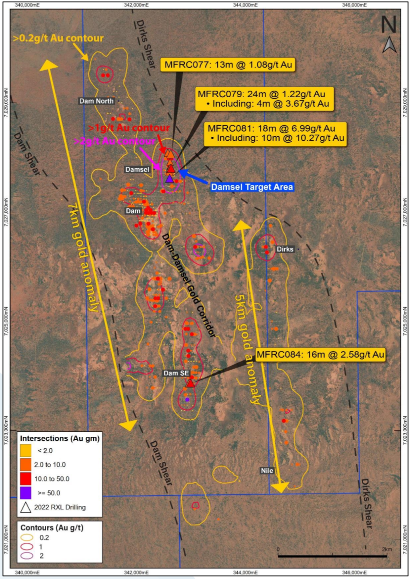 A map locating previously completed drillholes on-site, as well as the expanse of two gold targets thought to be 5km, and 7km respectively
