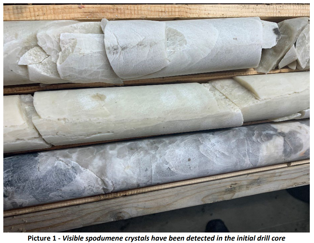 Spodumene crystals at initial drill core WR1