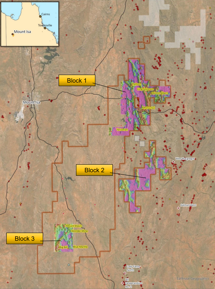 A map with magnetic imagery overlaid locating the company's operations to the east of Mt Isa 