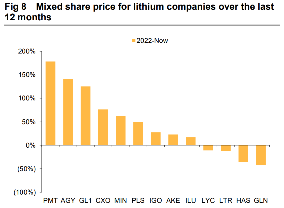 Mixed share price for lithium companies over the last