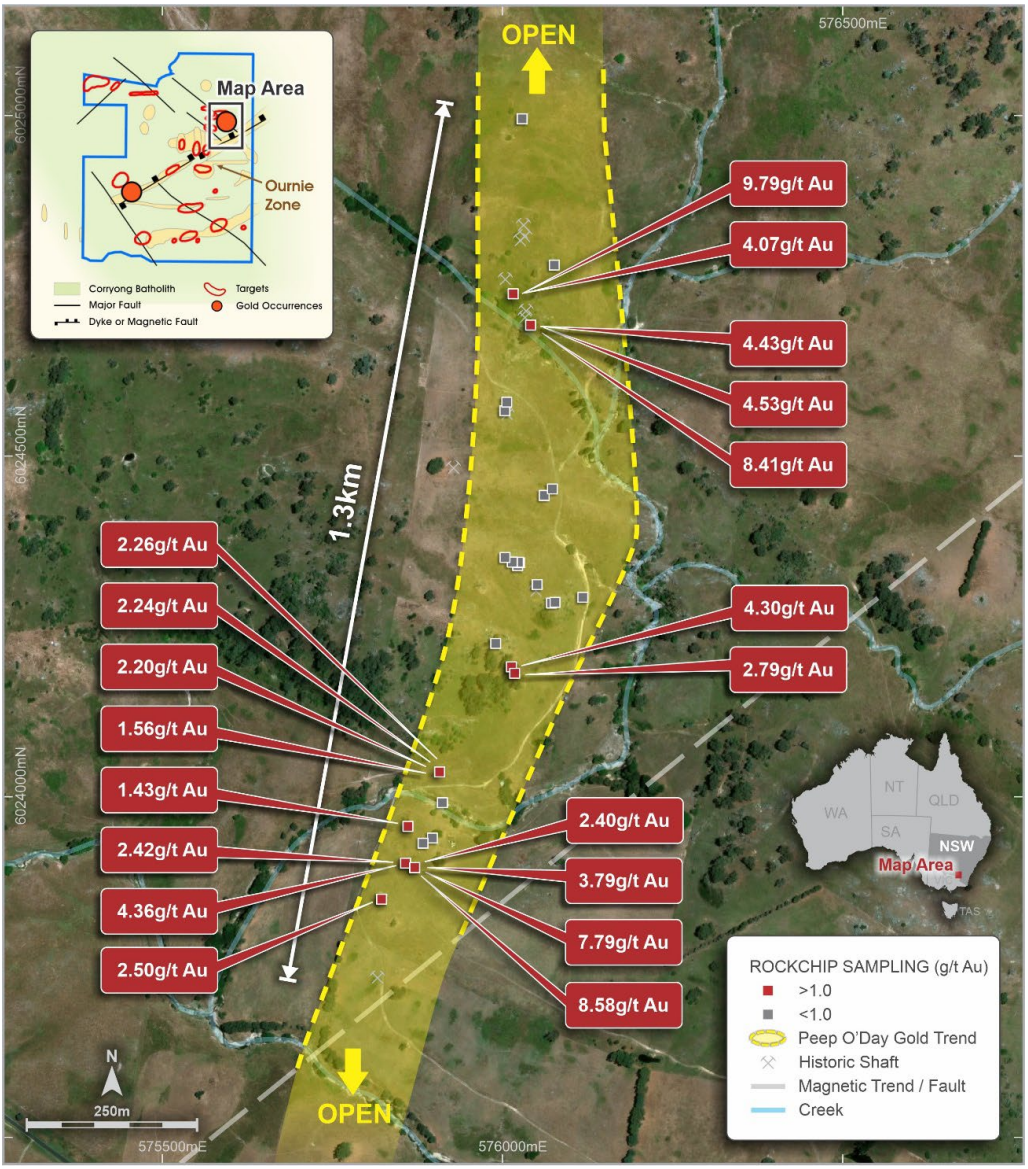 Peep O'Day seen from above and highlighted with rock chip sample locations illustrated 