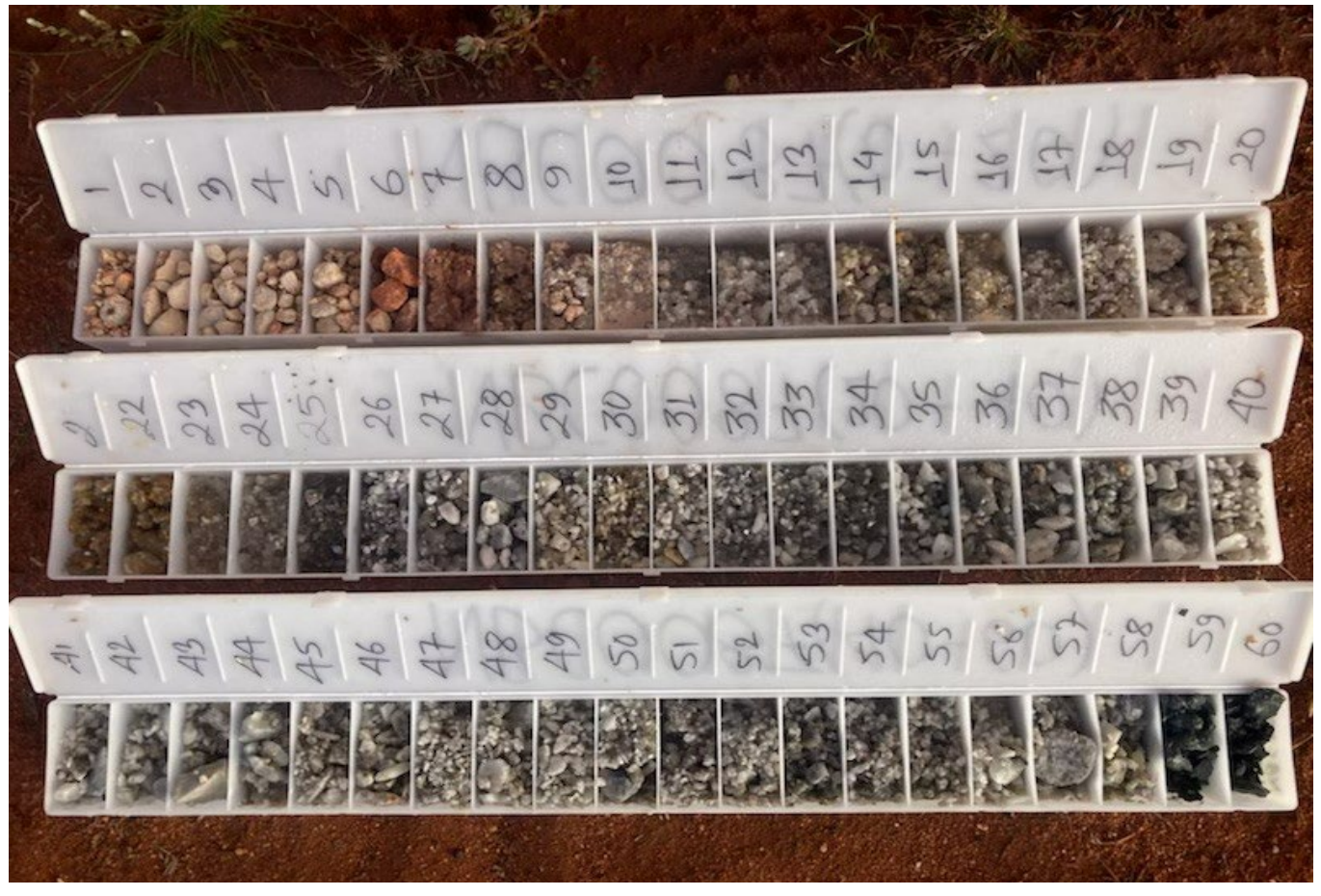 That's the stuff: a photograph of rock chip samples taken from the Phase II RC run in drillhole NBC0087