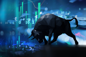 Graphic render of a bull in the foreground of an upward stock chart