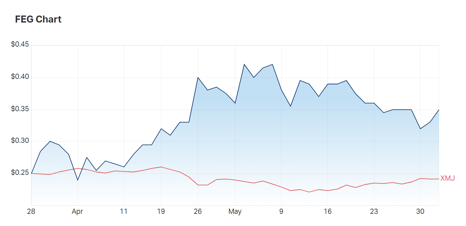 (Source: Far East Gold) The company's 3 month charts compared to the materials index 