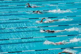 Aerial view of swimmers participating in a race