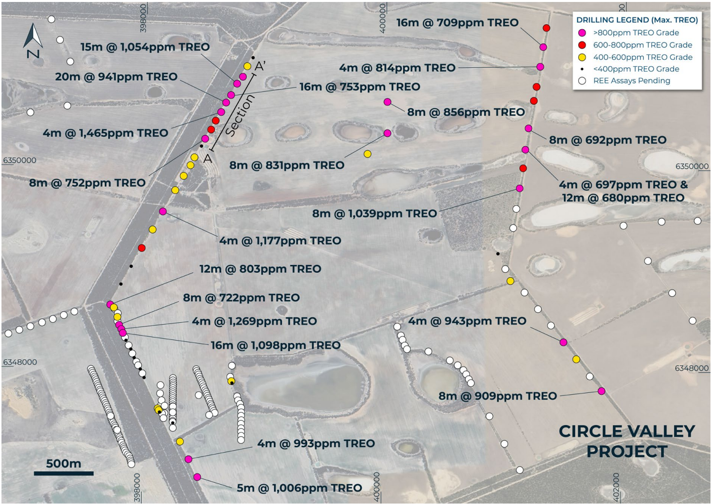 An aerial view of the Circle Valley project with overlaying drillhole locations 