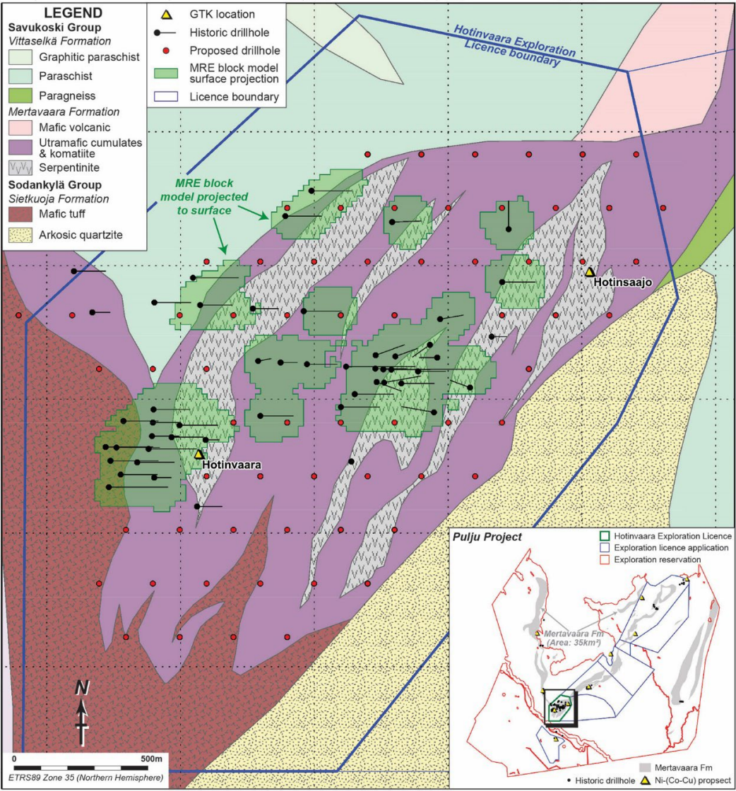 A map showing future drillhole locations at Hotinvaara, itself only 7% of Nordic Nickel's total acreage 