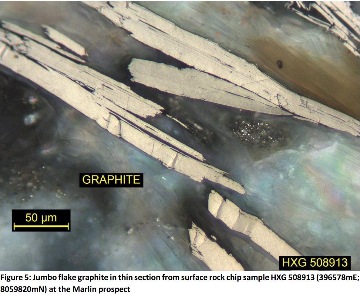 (Source: Chase Mining) A photograph of graphite flakes in rock chips; Chase notes large flake size makes for easier purification ahead of battery inclusion