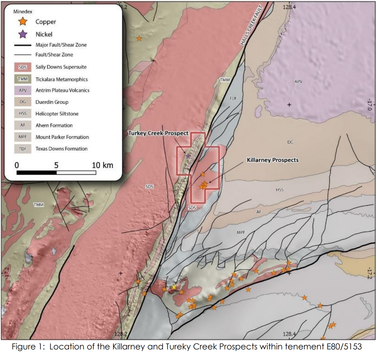 A geological map locating the Turkey Creek project relative to Killarney 