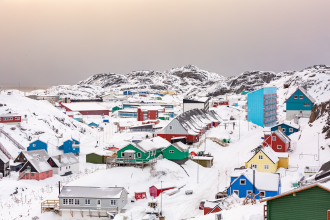 A photograph of the town of Maniitsoq, Greenland, from a vantage point overlooking the settlement 